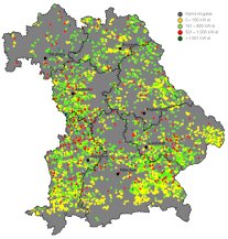 Karte Räumliche Verteilung der landwirtschaftlichen Biogaserzeugung in Bayern zum 31.12.2012